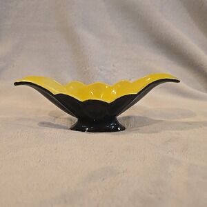 Yellow Black Pottery Art Deco Flared Scalloped Planter‎ Vase Console Vtg